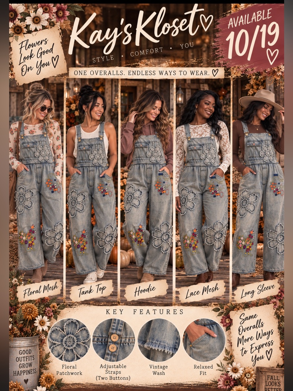 BW91-(ETA 10/19) 🌸🩵Light Wash Denim Floral Patch Overalls - KaysKloset